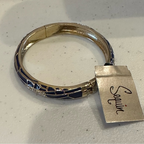 NWT Sequin by Nordstrom Clamper Bangle Bracelet - navy & gold tone & rhinestones - Picture 11 of 12